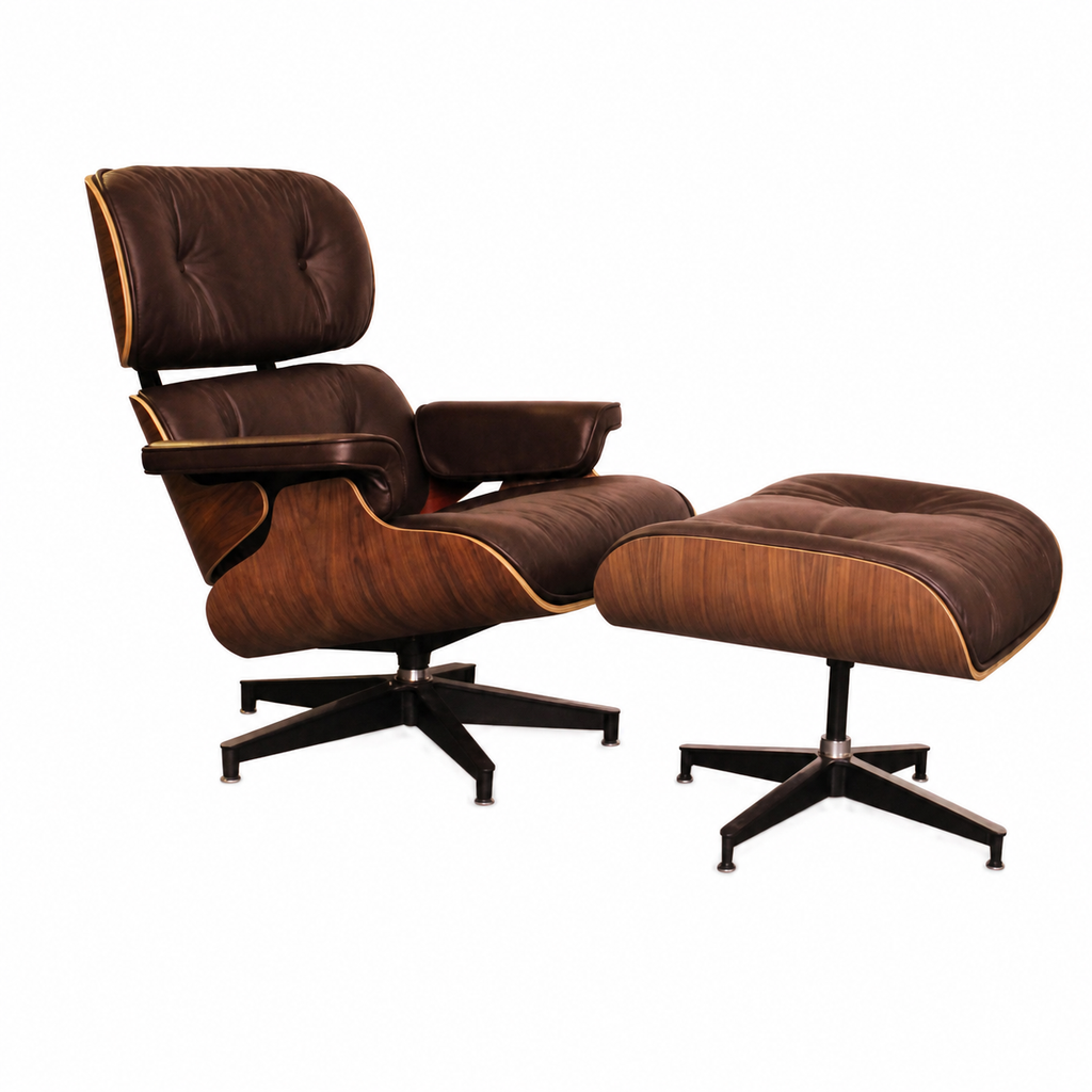 Classic Eames Style Lounge Chair & Ottoman Replica – Chocolate Leather Walnut