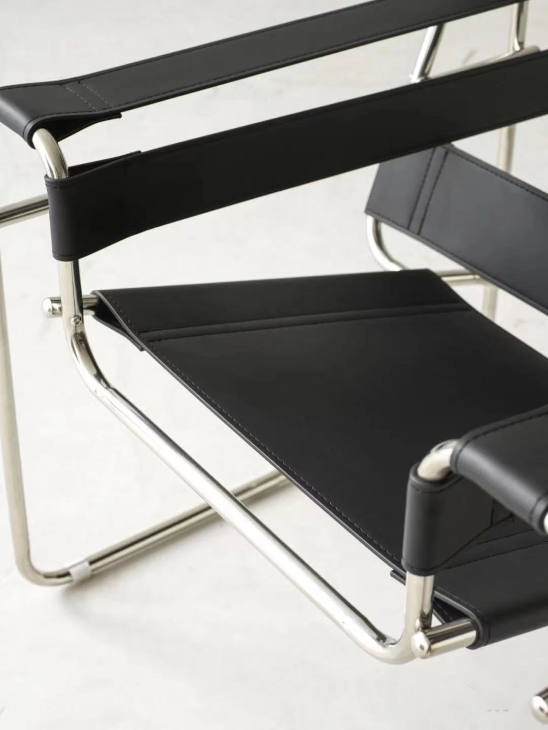 Vassily Style Lounge Chair – Black Saddle Leather Stainless Steel Frame | Bauhaus Armchair