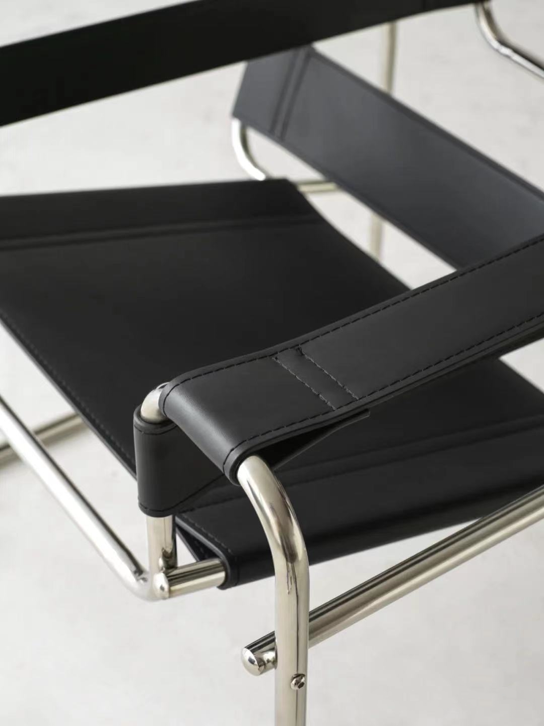 Vassily Style Lounge Chair – Black Saddle Leather Stainless Steel Frame | Bauhaus Armchair