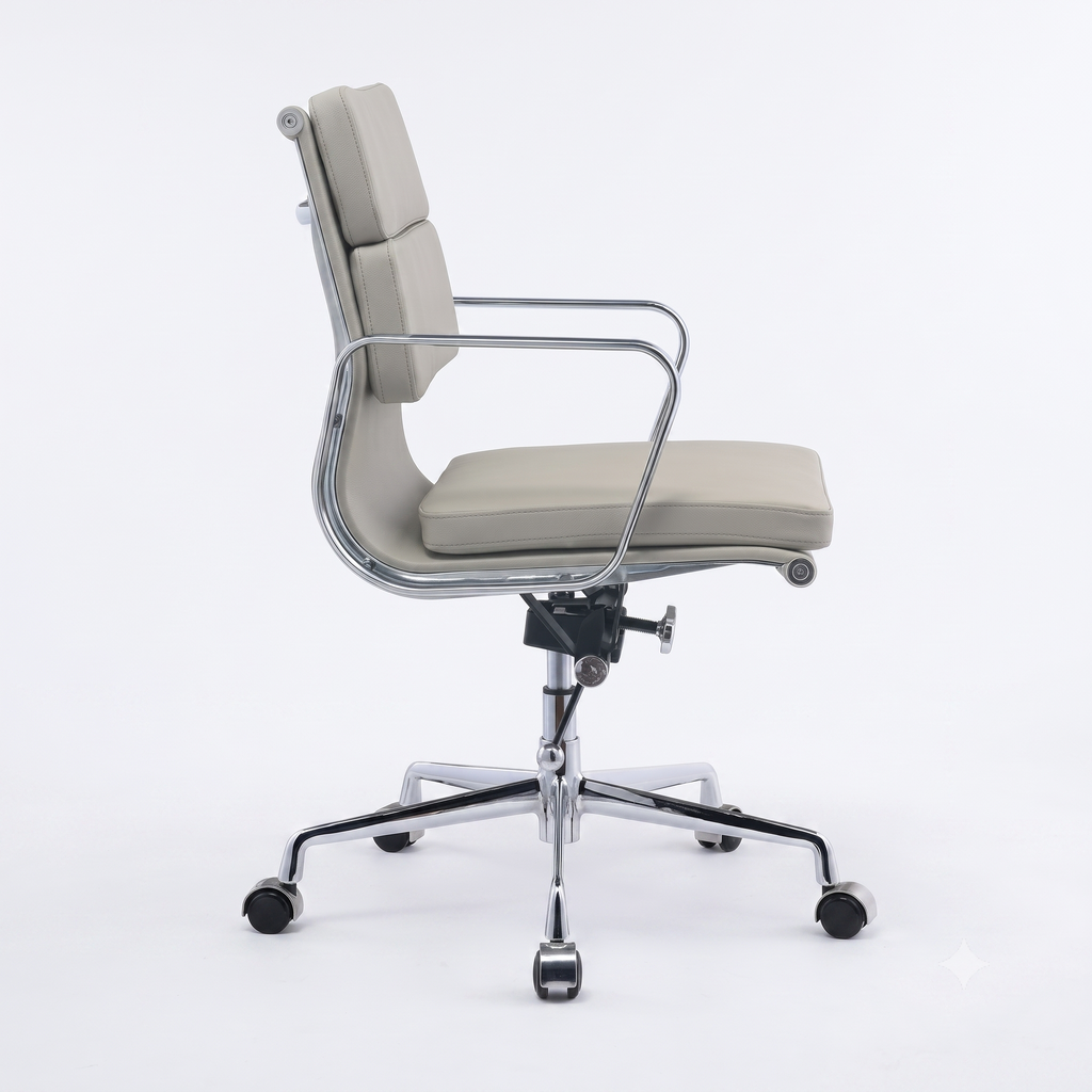 Premium EA217 Soft Pad Low Back Office Chair – Light Grey Leather | Low Back Executive Swivel Chair with Polished Aluminium Frame