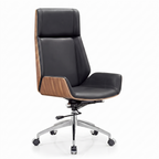 Premium D244 High Back Office Chair – Black PU Leather & Walnut Plywood Frame | Ergonomic Mid-Century Swivel Executive Chair