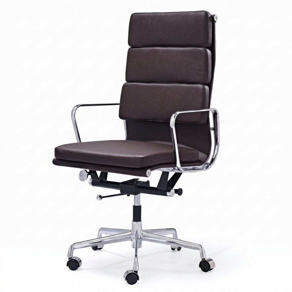 Premium EA219 Soft Pad High Back Office Chair – Dark Brown Leather | Executive Swivel Desk Chair with Polished Aluminium Frame
