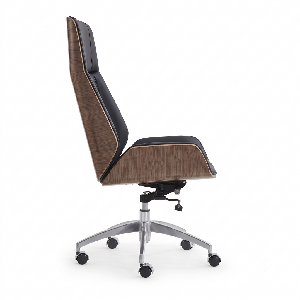 Premium D244 High Back Office Chair – Black PU Leather & Walnut Plywood Frame | Ergonomic Mid-Century Swivel Executive Chair