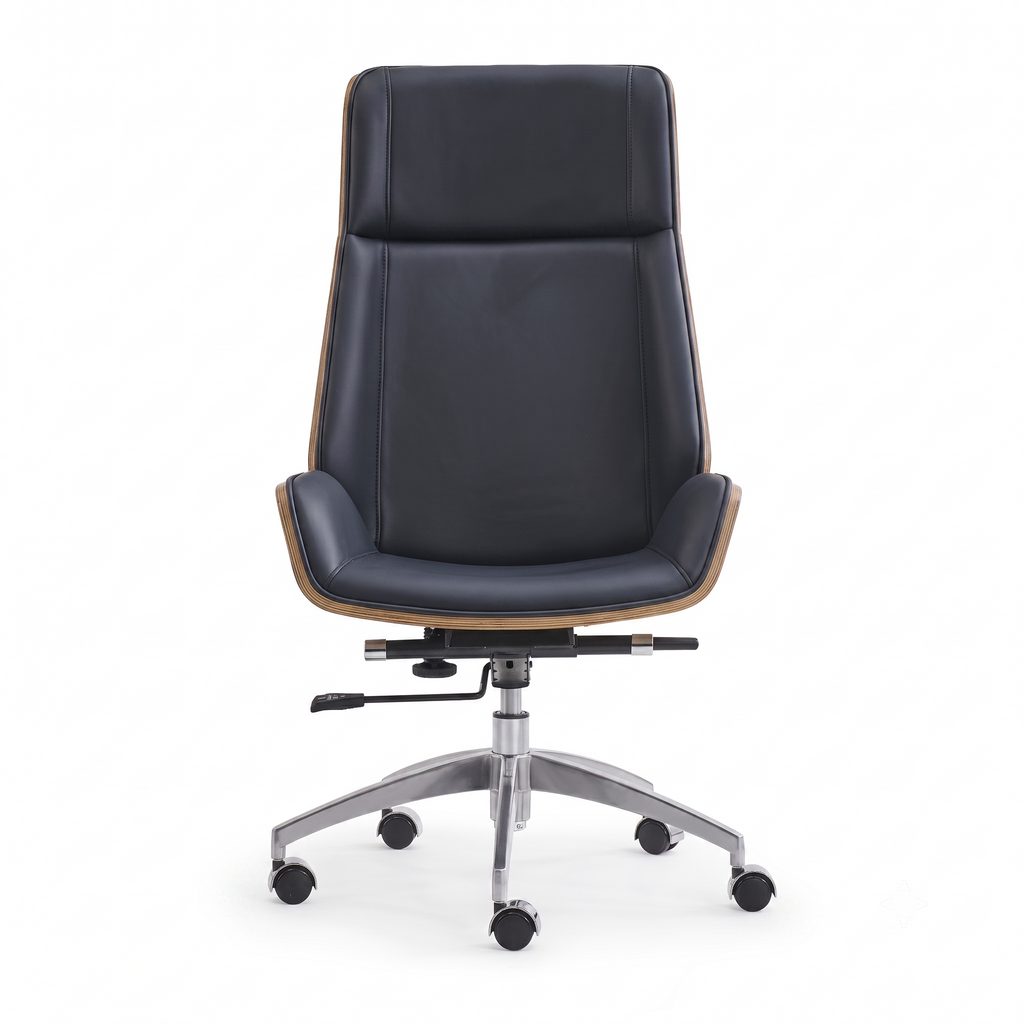 Premium D244 High Back Office Chair – Black PU Leather & Walnut Plywood Frame | Ergonomic Mid-Century Swivel Executive Chair