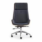 Premium D244 High Back Office Chair – Black PU Leather & Walnut Plywood Frame | Ergonomic Mid-Century Swivel Executive Chair
