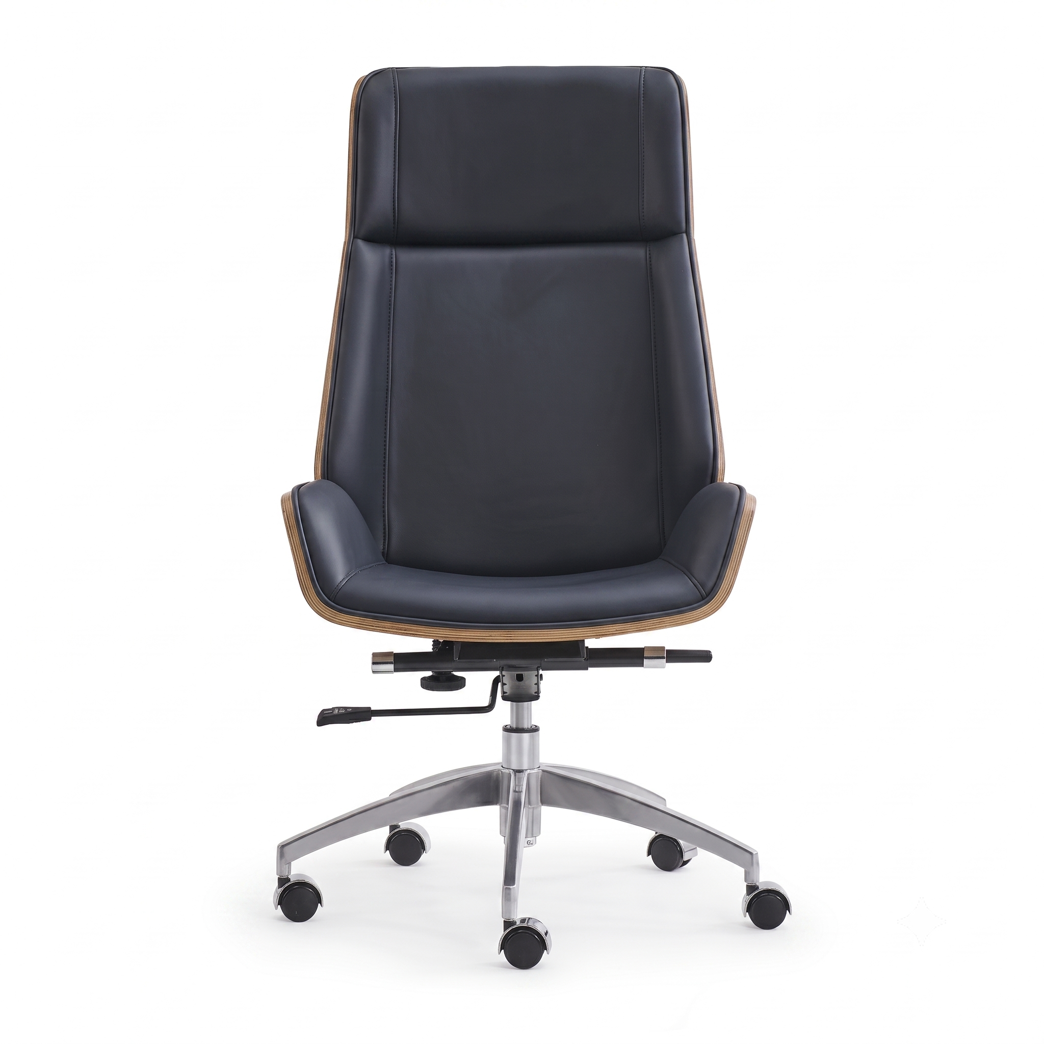 Premium D244 High Back Office Chair – Black PU Leather & Walnut Plywood Frame | Ergonomic Mid-Century Swivel Executive Chair