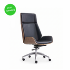 Premium D244 High Back Office Chair – Black PU Leather & Walnut Plywood Frame | Ergonomic Mid-Century Swivel Executive Chair