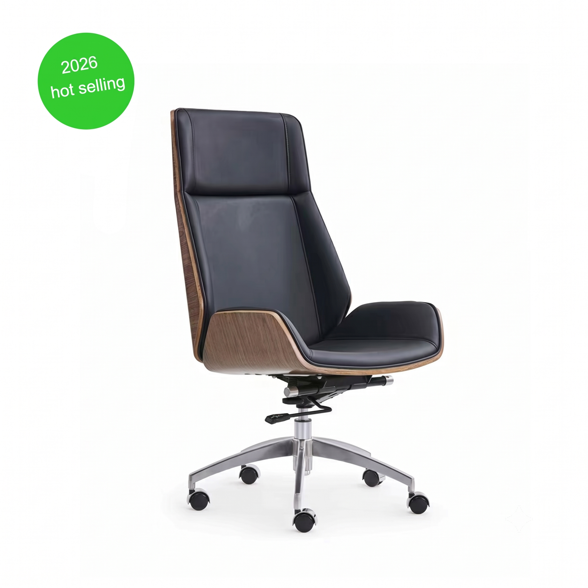 Premium D244 High Back Office Chair – Black PU Leather & Walnut Plywood Frame | Ergonomic Mid-Century Swivel Executive Chair
