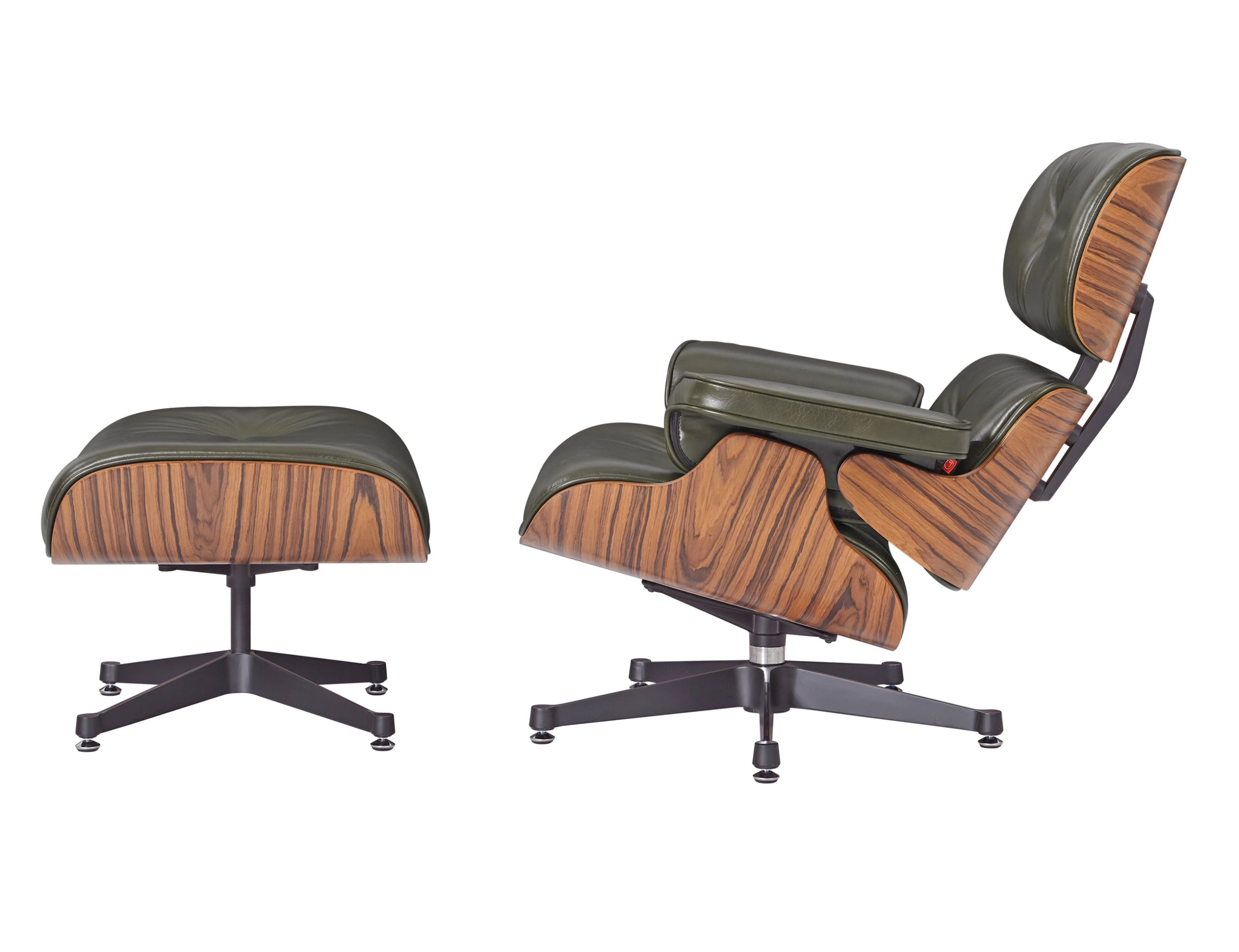 Premium Eames Lounge Chair & Ottoman Replica – Waxy Dark Green Italian Leather | Rosewood Veneer | Polished Aluminium Base