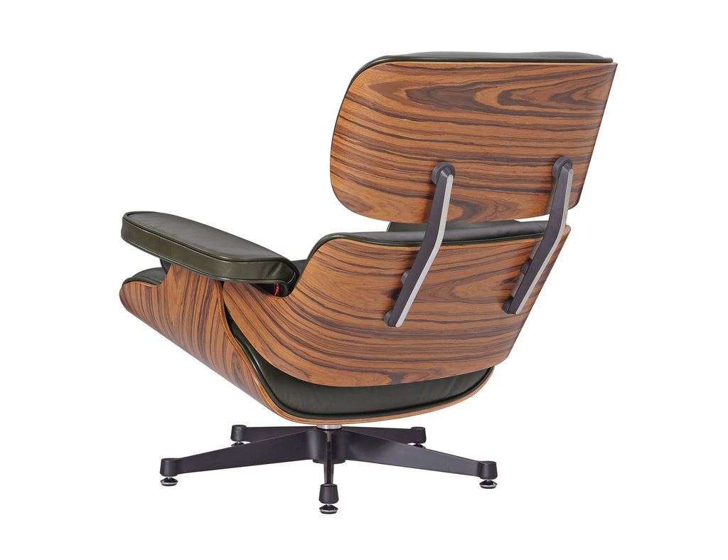 Premium Eames Lounge Chair & Ottoman Replica – Waxy Dark Green Italian Leather | Rosewood Veneer | Polished Aluminium Base