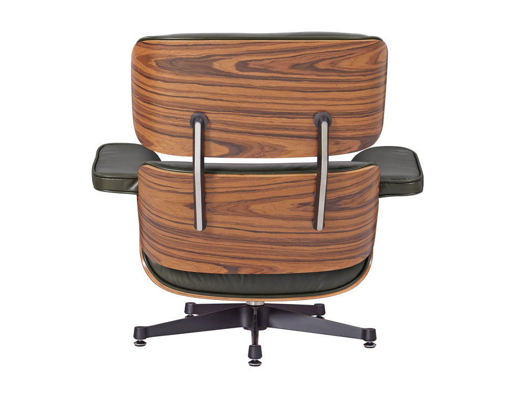 Premium Eames Lounge Chair & Ottoman Replica – Waxy Dark Green Italian Leather | Rosewood Veneer | Polished Aluminium Base