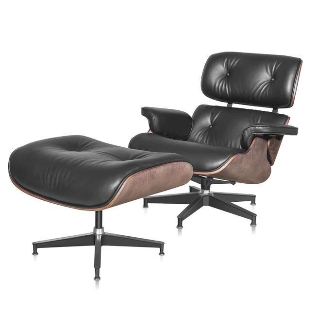 Classic Eames Style Lounge Chair & Ottoman Replica – Black Leather Walnut Wood