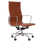 Premium EA119 Thin Pad High Back Office Chair – Tan Brown Leather | Ergonomic Executive Swivel Desk Chair with Chromed Aluminium Frame