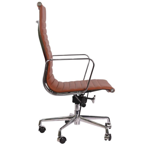 Premium EA119 Thin Pad High Back Office Chair – Tan Brown Leather | Ergonomic Executive Swivel Desk Chair with Chromed Aluminium Frame