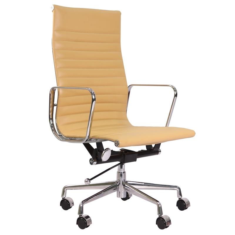 Premium EA119 Thin Pad High Back Office Chair – Camel Leather | Ergonomic Executive Swivel Desk Chair with Chromed Aluminium Frame