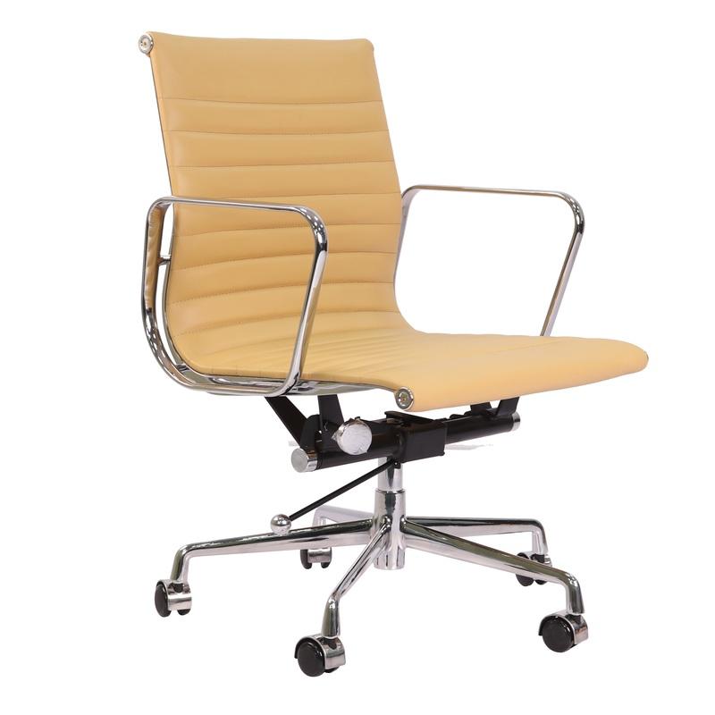 Premium EA117 Thin Pad Low Back Office Chair – Camel Leather | Ergonomic Executive Swivel Desk Chair with Chromed Aluminium Frame