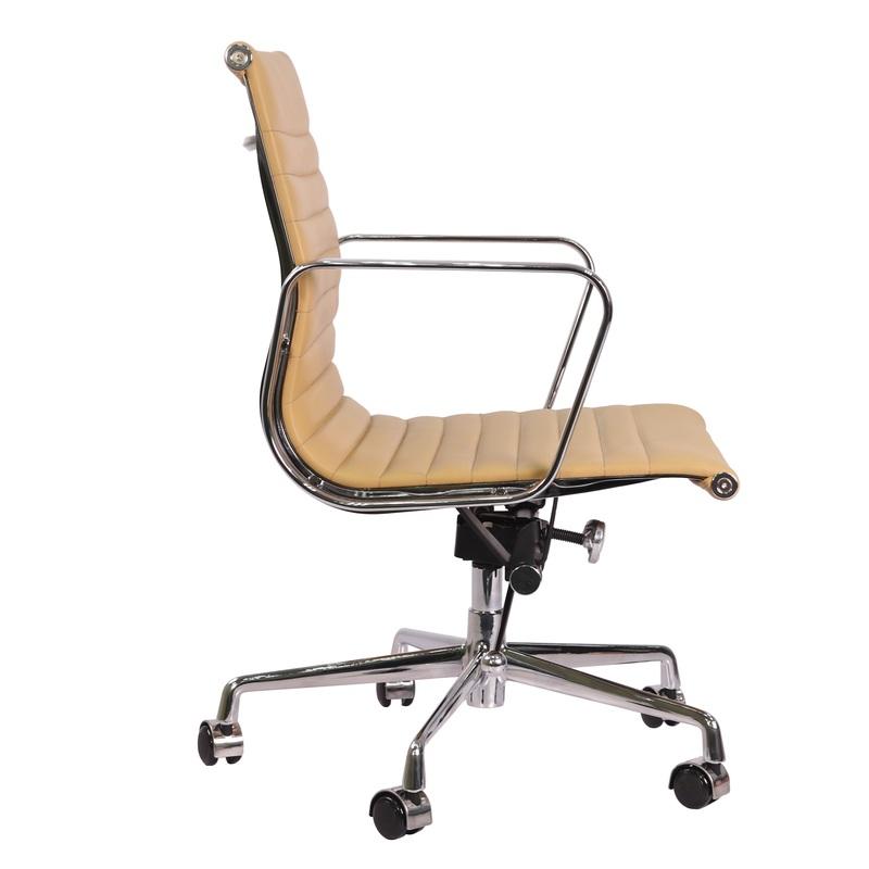 Premium EA117 Thin Pad Low Back Office Chair – Camel Leather | Ergonomic Executive Swivel Desk Chair with Chromed Aluminium Frame