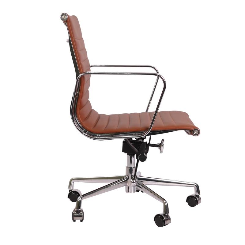Premium EA117 Thin Pad Low Back Office Chair – Tan Brown Leather | Ergonomic Executive Swivel Desk Chair with Chromed Aluminium Frame