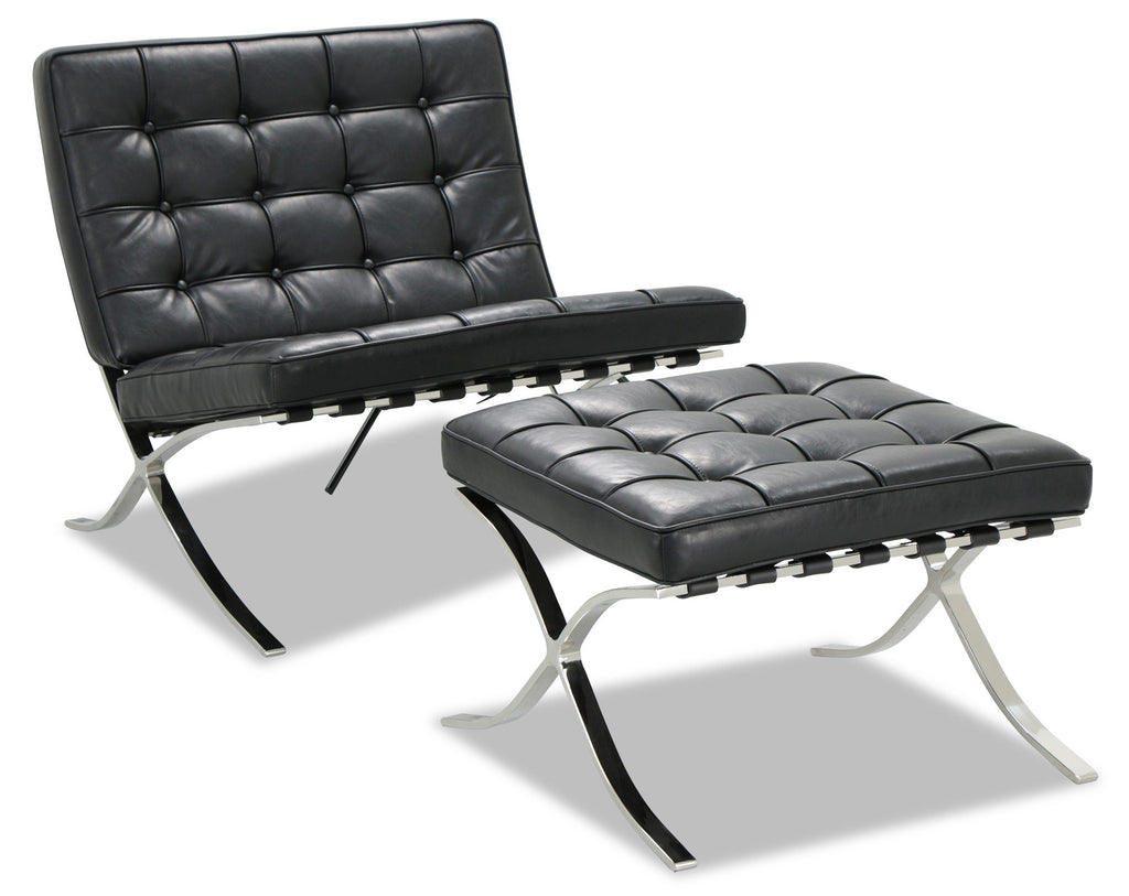 Premium Barcelona Ottoman – Black Leather Footstool | Stainless Steel Mies Style Replica