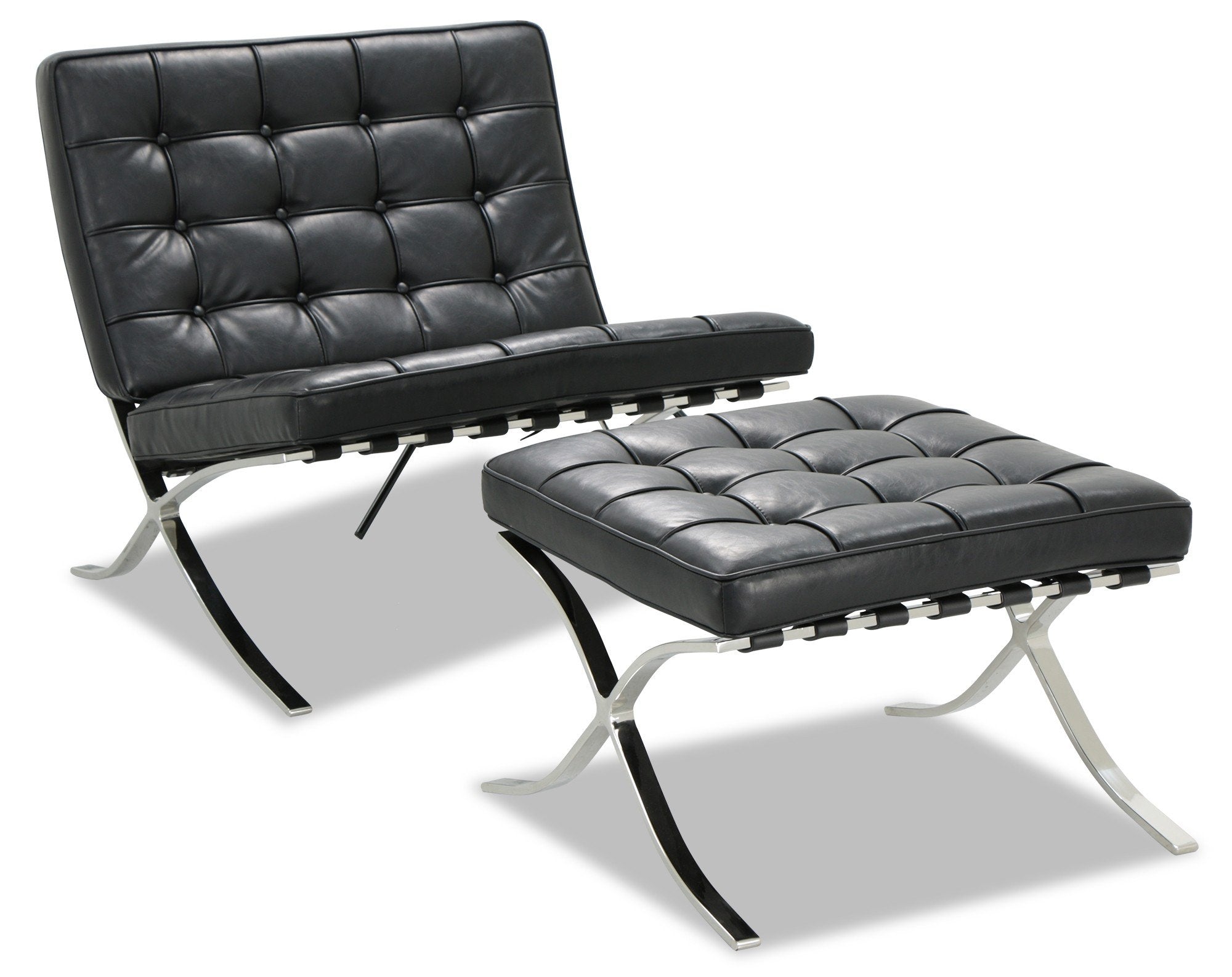 Premium Barcelona Ottoman – Black Leather Footstool | Stainless Steel Mies Style Replica