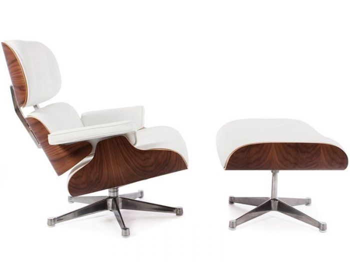 Charles Eames Lounge Chair & Ottoman Replica – White Leather & Walnut Wood | Chrome Base