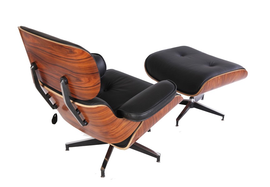Eames Style Natural Wood Lounge Chair & Ottoman – Black Italian Leather | Rosewood Veneer | Mid-Century Modern