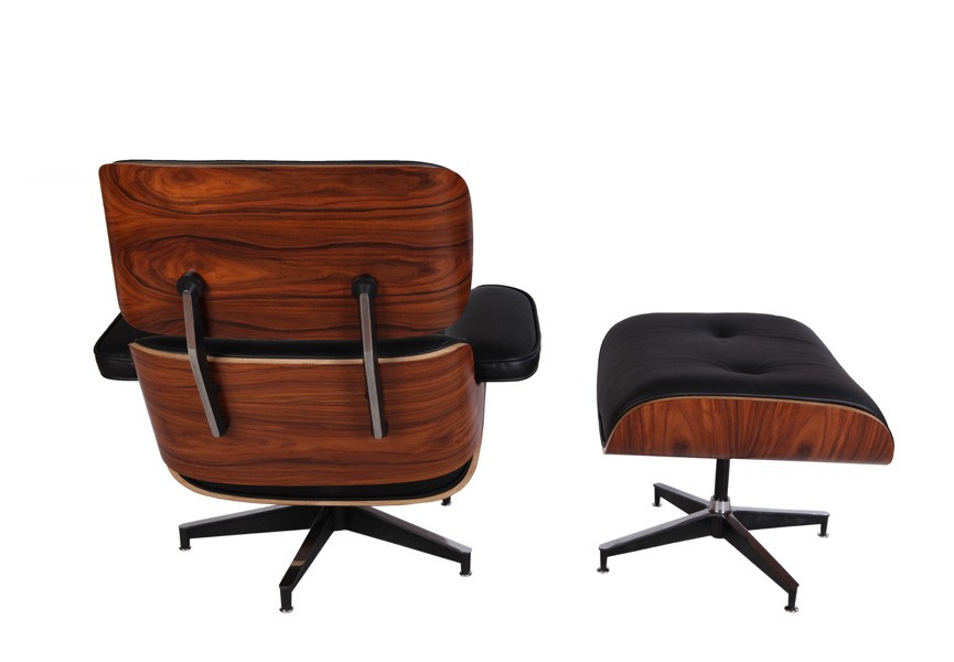Eames Style Natural Wood Lounge Chair & Ottoman – Black Italian Leather | Rosewood Veneer | Mid-Century Modern