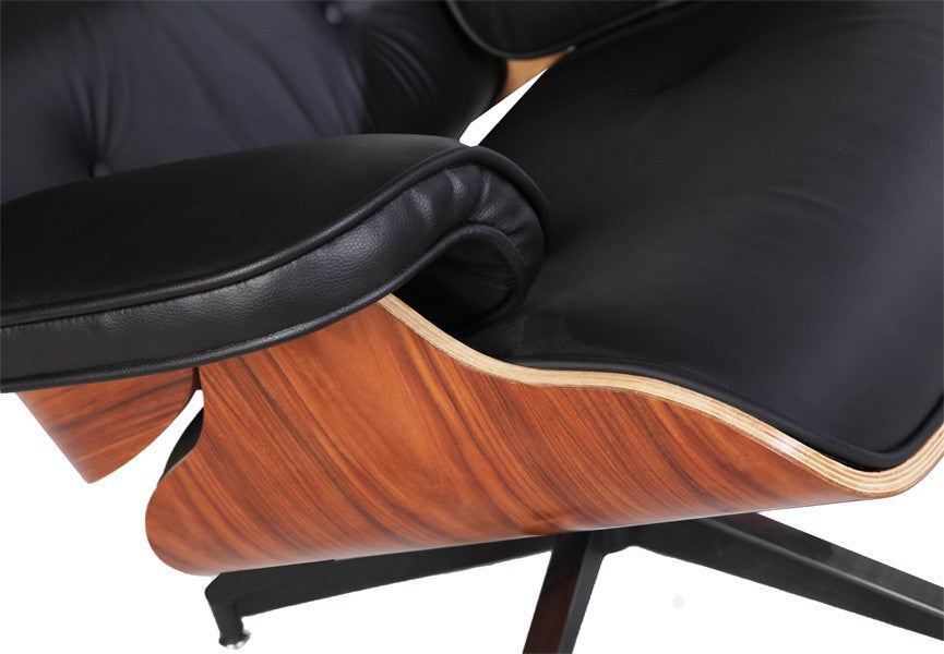 Eames Style Natural Wood Lounge Chair & Ottoman – Black Italian Leather | Rosewood Veneer | Mid-Century Modern